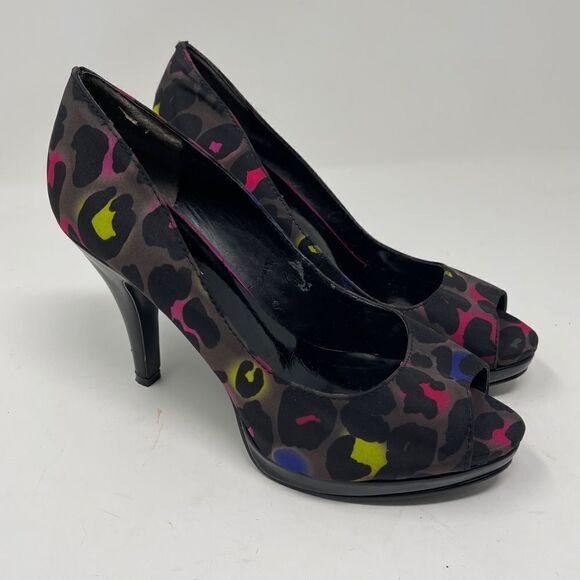 Nine West Danee Neon Leopard Print Peep Toe Heels Platform Women's 6M - Picture 1 of 11
